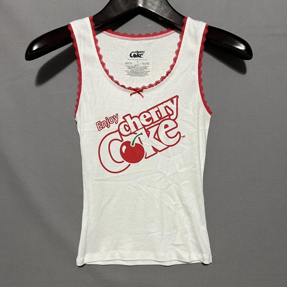 Cherry Coke Tank Top Womens Small White Red Lace Trim Graphic Logo Cami